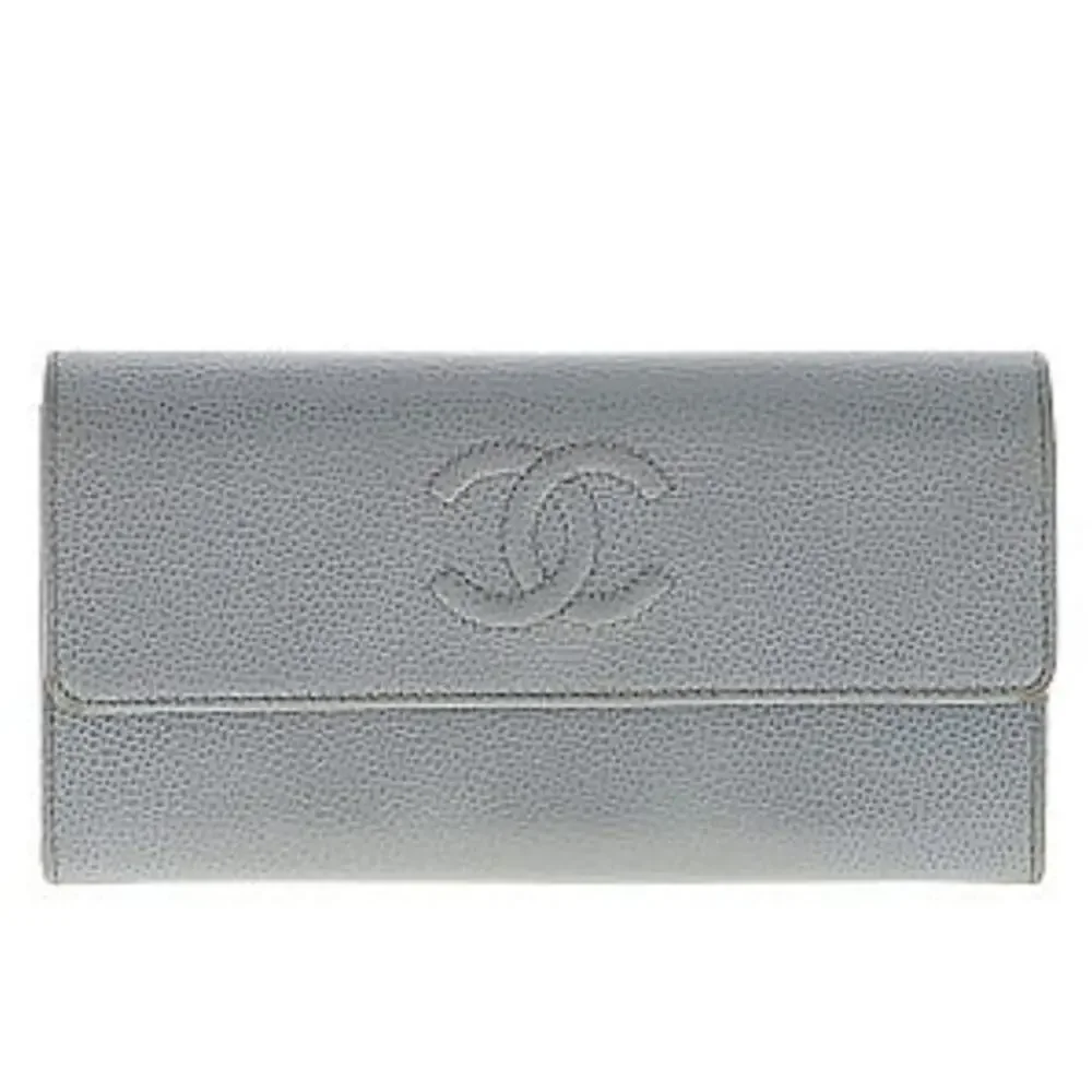 Chanel Powder Blue Logo Caviar Leather Long Wallet